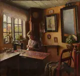 Bertel Hansen-Svaneke, A cottage interior with a woman seated with her sewing machine, oil on canvas