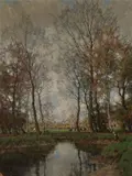 Arnold Marc Gorter, A tranquil river landscape with cattle watering in the distance, oil on canvas