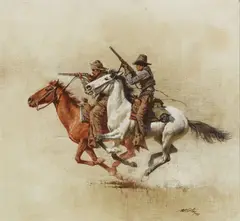 Pursuit by Frank McCarthy, 1970, oil on canvas laid to board, sold Nov 2019