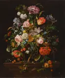 David Davidsz. de Heem, An oppulent vase of flowers including fruit, butterflies, snails and a dragonfly on a table, oil on canvas