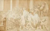 French School, A battle of forces, pencil, pen and ink and sepia wash on paper