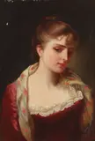Gustave Jean Jacquet, A portrait of lady wearing a floral scarf, oil on panel