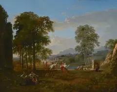 Jacques Antoine Vallin, An extensive landscape with figures merry-making in a clearing by a pond, oil on canvas