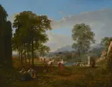 Jacques Antoine Vallin, An extensive landscape with figures merry-making in a clearing by a pond, oil on canvas