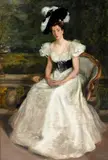 Roi Charles Edward Ritchie, A portrait of an elegant lady in a white dress seated on balcony, oil on canvas