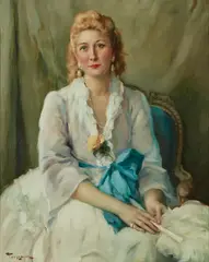 Fernand Toussaint, A portrait of a seated lady in a white dress with a blue sash holding a fan, oil on canvas