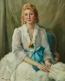 Fernand Toussaint, A portrait of a seated lady in a white dress with a blue sash holding a fan, oil on canvas