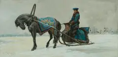 Nikolai Sverchkov, A horse-drawn sleigh, watercolor on paper
