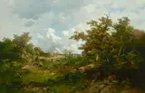 Emile Keymeulen, A landscape with a shepherd and his family and flock in a forest clearing, oil on canvas