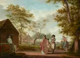 Johannes Zacharias Prey, Elegant figures visiting a country dairy, oil on panel
