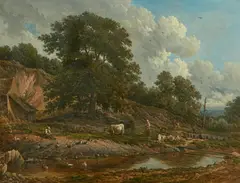 Victor de Grailly, A landscape with figures tending farm animals by a river, oil on canvas