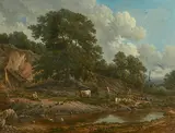 Victor de Grailly, A landscape with figures tending farm animals by a river, oil on canvas