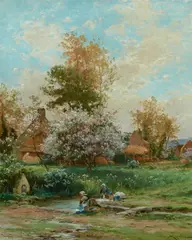 Albert Rigolot, Washerwomen by a stream in a spring landscape, oil on canvas