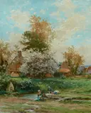 Albert Rigolot, Washerwomen by a stream in a spring landscape, oil on canvas