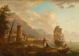 Adrien Manglard, A mountainous coastal landscape with fisherman on a rocky outcrop, ships in a harbor and a fortress beyond, oil on canvas