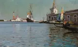 A Venetian view from the Grand Canal of the Basilica di Santa Maria della Salute with the Chiesa di San Giorgio Maggiore in the distance by Howard Russell Butler, oil on canvas, sold Nov 2019