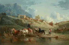 Jules Achille Noël, Ferrying livestock across an alpine stream, oil on canvas