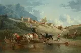 Jules Achille Noël, Ferrying livestock across an alpine stream, oil on canvas