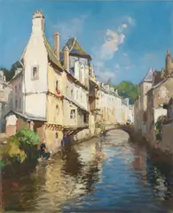 Henri Alphonse Barnoin, A view of a river passing through a French town, oil on canvas