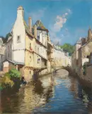 Henri Alphonse Barnoin, A view of a river passing through a French town, oil on canvas