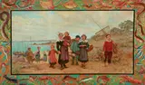 Théophile Deyrolle, The fisherfolk's return (within a painted border featuring sea life), oil on canvas
