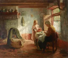 Evert Pieters, A sunlit cottage interior with a mother and her children, oil on canvas