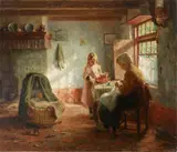 Evert Pieters, A sunlit cottage interior with a mother and her children, oil on canvas
