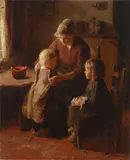 Bernard Jean Corneille Pothast, A mother with her children in a cottage interior, oil on canvas