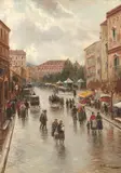 Gustav Prucha, A Parisian street scene near Porte St. Denis, oil on panel