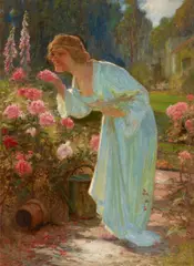 Gordon Coutts, Smelling the roses, oil on canvas affixed to board