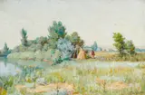 Joseph Henry Sharp, Montana Landscape with Honeymoon Hogan, oil on canvas