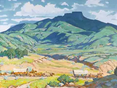 Arthur Mitchell, Wagon Train at Fischer's Peak, oil on canvas