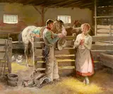 Lajos Markos, Breaking the News, oil on canvas