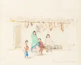 Oscar E. Berninghaus, 'Meat drying was much in evidence', watercolor and pencil on paper