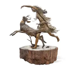Douglas Van Howd, Running Deer, bronze with brown patina on a petrified wood base