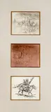 Edward Borein, Fording Stream and His War Cry: A Double-Sided Copper Etching Plate and Two Etchings, top and bottom, etching on wove paper; center, copper plate