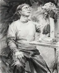Loren Entz, Fritz White, Sculptor at Work, charcoal and inkwash on paper