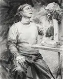 Loren Entz, Fritz White, Sculptor at Work, charcoal and inkwash on paper