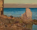 Catalina Beach with Rock by Granville Redmond, oil on canvasboard, sold Nov 2019