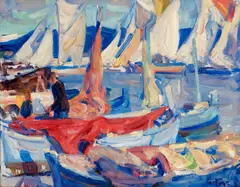 Drying Sails I by E. Charlton Fortune, oil on canvasboard, offered Nov 2019