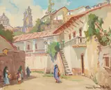 Street Life in Taxco, Mexico by Marion Wachtel, oil on canvas affixed to board, sold Nov 2019