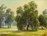 Landscapes with Sycamores, Eucalyptus, Pines, and Oaks (a group of four) by Paul Grimm, oil on artist board, offered Nov 2019