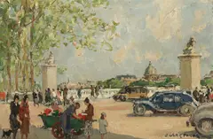 Place de la Concorde with American Embassy and Hotel Chillon, Paris; Along the Seine, Spring, Paris (a pair) by Jules Eugene Pages, oil on canvasboard, sold Aug 2019