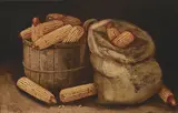 Alfred Montgomery, A basket and a bag of corn, oil on artist board