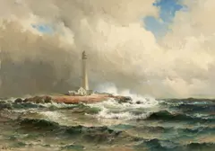 Mauritz de Haas, After the Gale, Boone Island Light House, Maine, oil on canvas