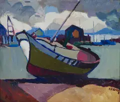 August François Gay, Fishing Boat Aground, circa 1930, oil on board