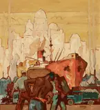 Maurice Logan, Workers at the Dock, circa 1930, oil and graphite on illustration board