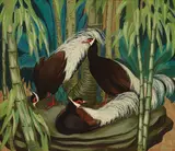 Jessie Arms Botke, Three tropical birds, oil and gold leaf on Masonite