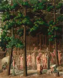 Charles Griffin Farr, Bathers in a Pine Forest, 1946, oil on canvas stretched over Masonite
