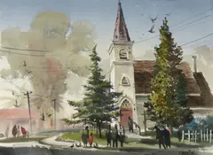 Jade Fon, Brentwood Church; Mendocino Church (a group of two), Brentwood signed '-Jade Fon-' (lower right); Mendocino signed 'Jade Fon- A.W.S.' (lower right)